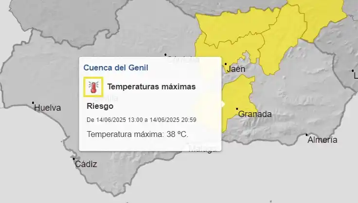 Image from EMA 112. Agencia de Emergencias de Andalucía (EMA): 🟡 Activo el aviso amarillo por altas temperaturas en la Cuenca del Ge...