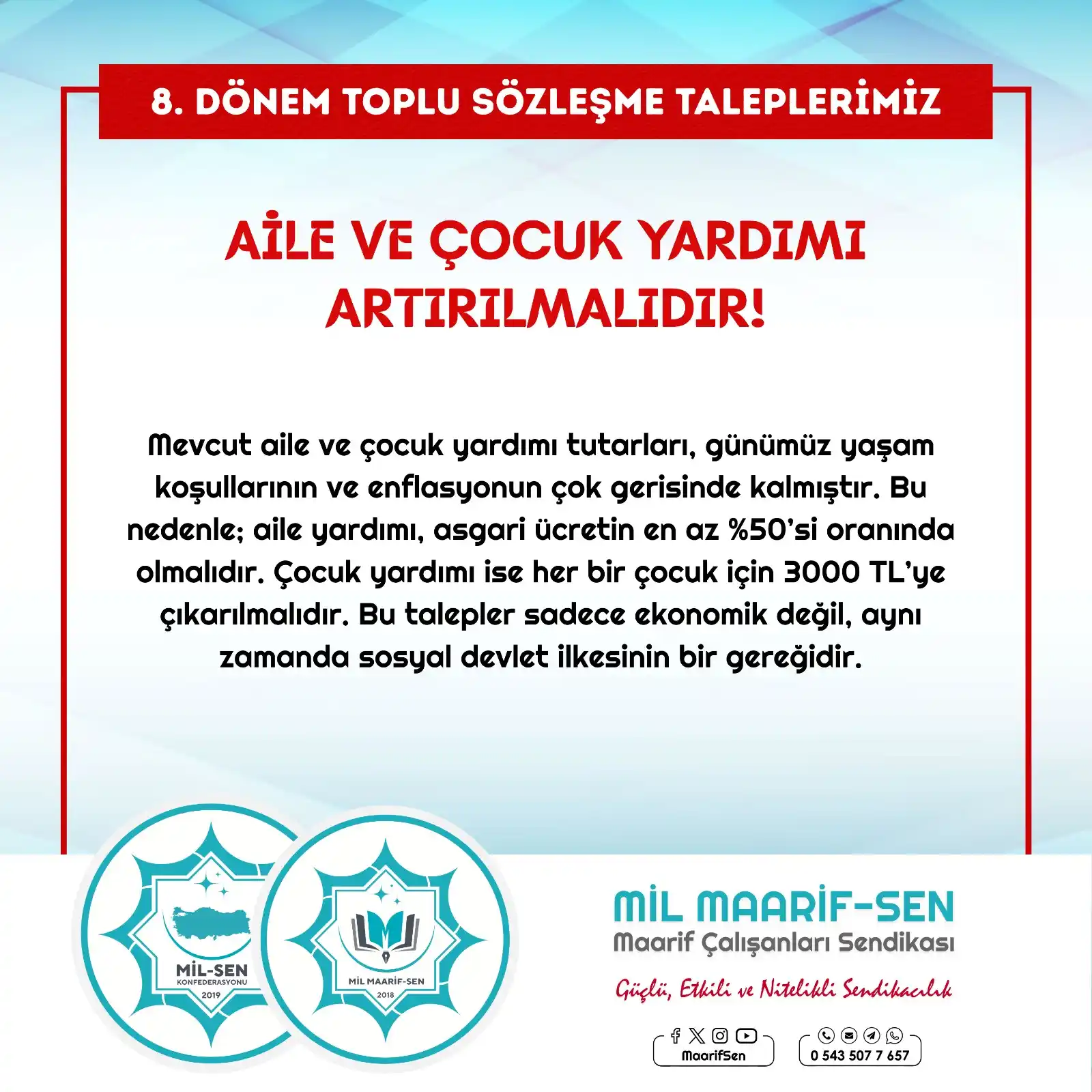 Image from Maarif Çalışanları Sendikası (Mil Maarif-Sen): 👨👩👧 *Aile ve Çocuk Yardımı Artırılmalıdır!* Aile yardımı asgari ...