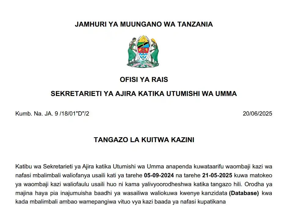 Image from Creed AJIRA PORTAL: BREAKING NEWS `WALIMU, AFYA NA KADA MBALIMBALI ZA WALIOITWA KAZINI TA...