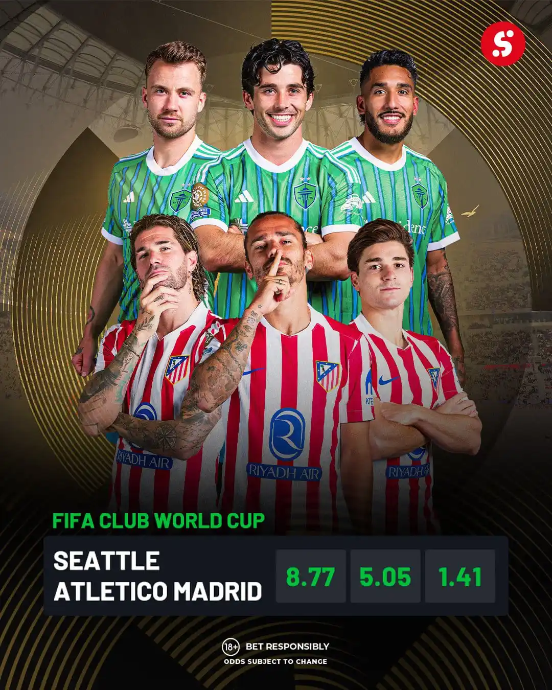 Image from SportyBet : ⚔️ Crunch time in Group B!  Atletico Madrid head to Lumen Field to bat...