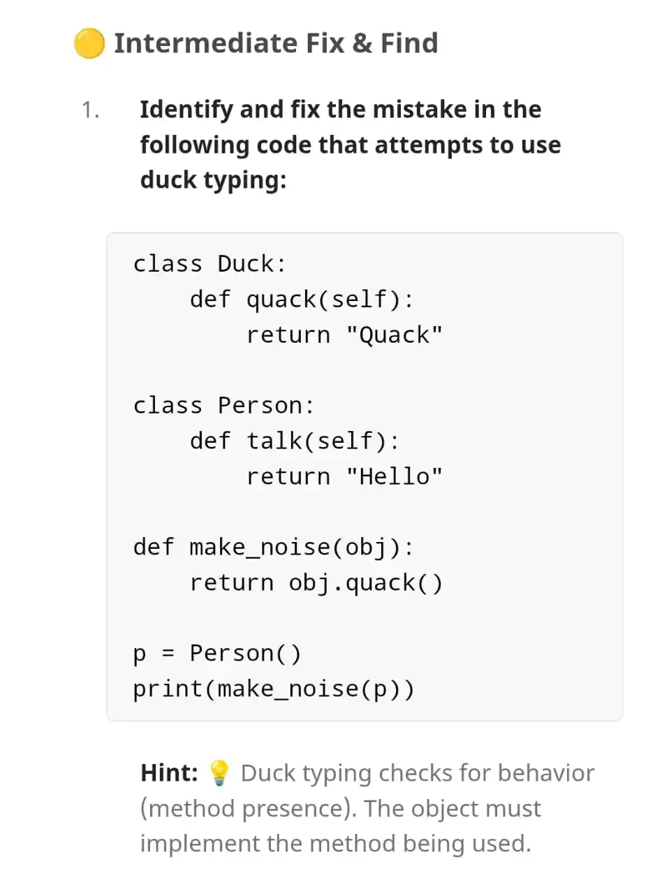Image from Python For Beginners: Find and Fix Mistakes – Python Polymorphism Practice Questions. 📌 htt...