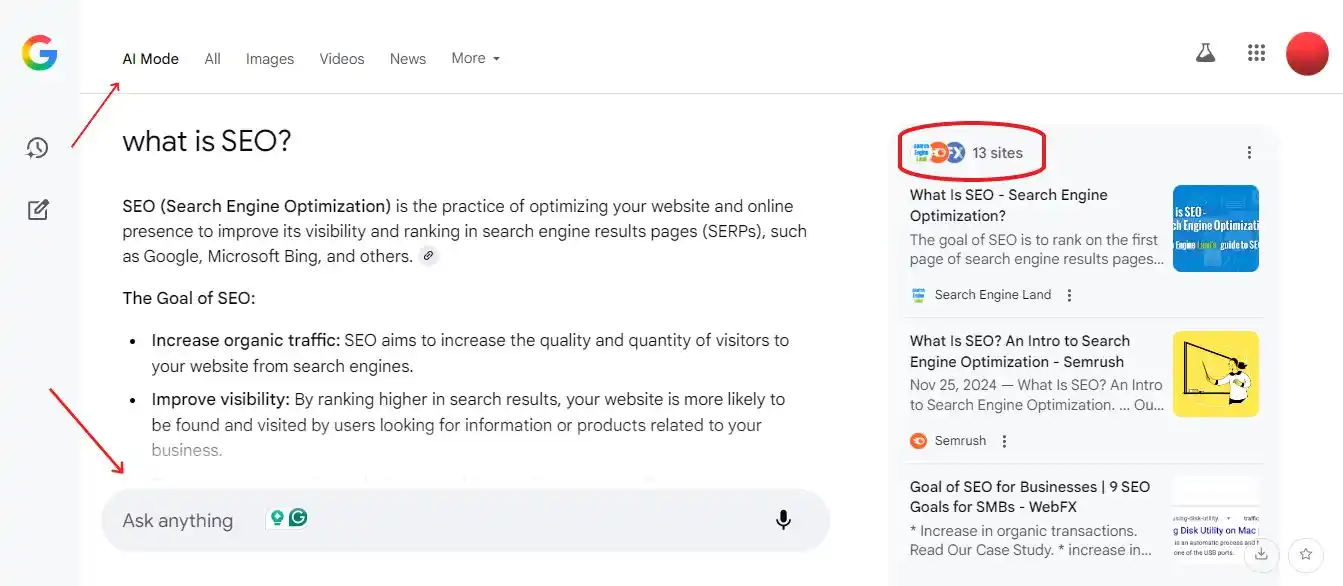 Image from SEO ( Search Engine Optimization ): Just tested Google AI Mode.  I asked, "What is SEO?".  In addition to ...