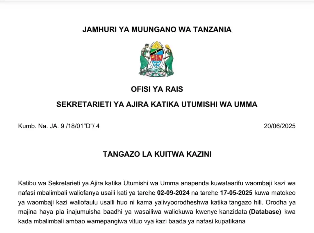 Image from Creed AJIRA PORTAL: MAJINA YA WALIOITWA KAZINI TAASISI MBALI MBALI ZA UMMA `WAMETANGAZA ...