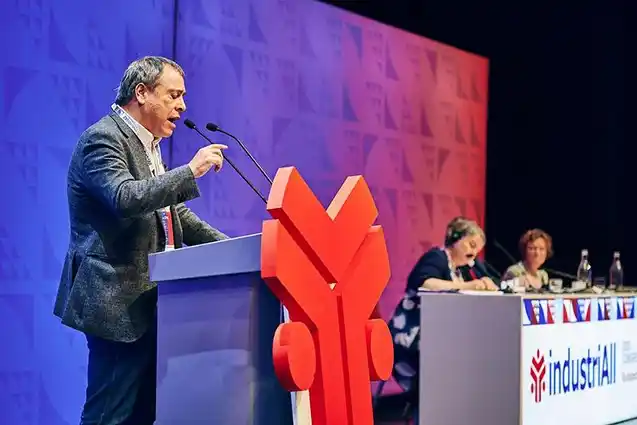 Image from UGT FICA: 🗣️ _Mariano Hoya interviene en el Congreso de IndustriALL Europa_ 📍...