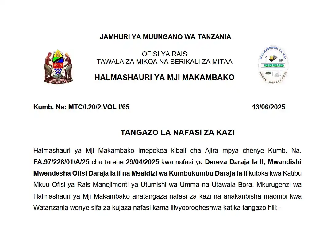 Image from Creed AJIRA PORTAL: *NAFASI 11 ZA AJIRA MPYA KUTOKA HALMASHAURI YA MJI MAKAMBAKO.* > PDF...