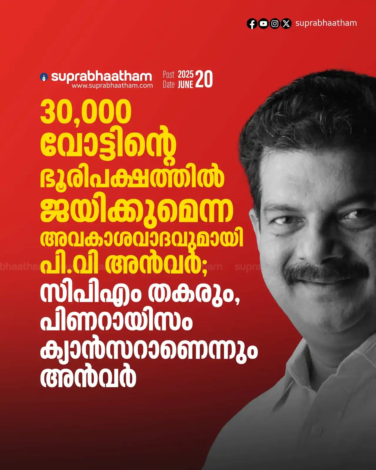 Image from SUPRABHAATHAM DAILY: *30,000 വോട്ടിന്റെ ഭൂരിപക്ഷത്തിൽ ജയിക്കുമെന്ന അവകാശവാദവുമായി പി.വി അൻവ...