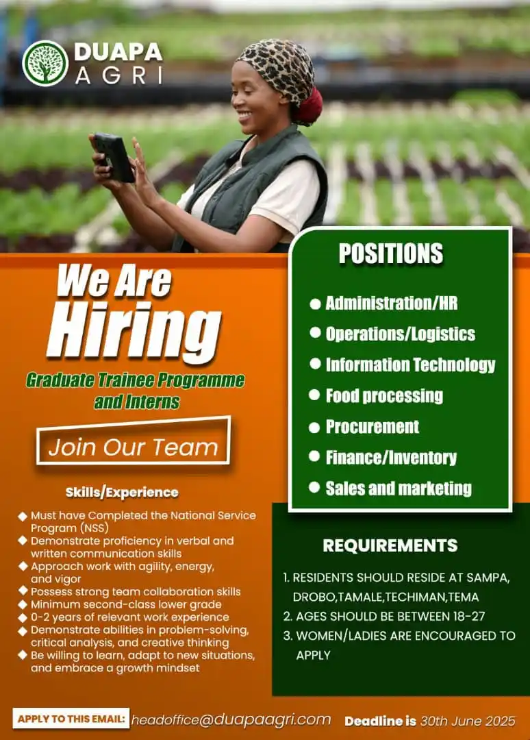 Image from SK AGRIBUSINESS FIRM: DUAPA AGRI is hiring graduate trainees and interns across key areas li...