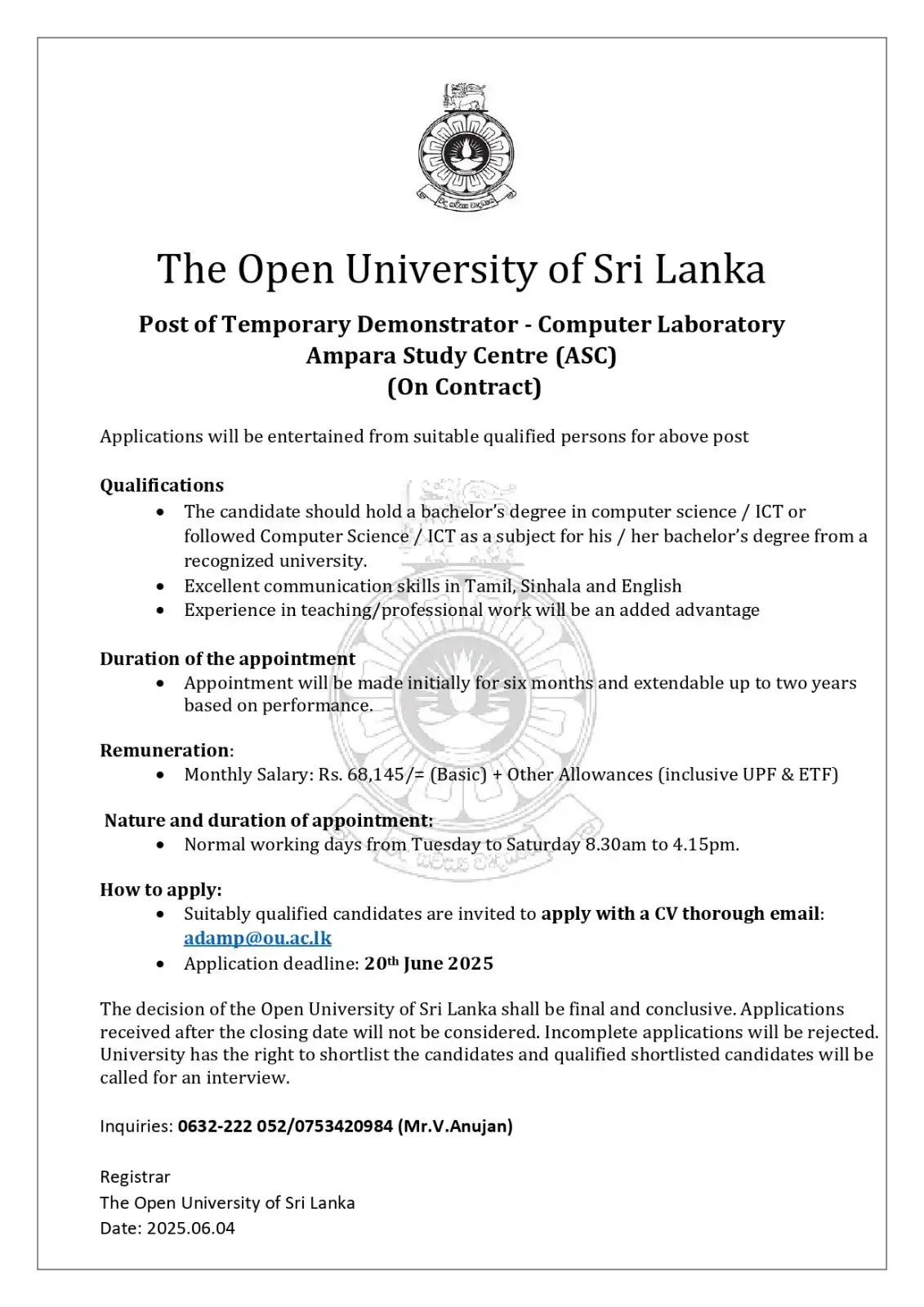 JOB BANK 🇱🇰  - DEVELOPMENT OFFICERS ,UHANA post