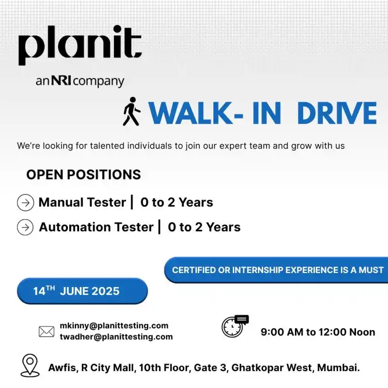 Image from Walk-In Interview Jobs & Careers: Kickstart Your QA Career with Planit! We’re hiring Manual and Automat...