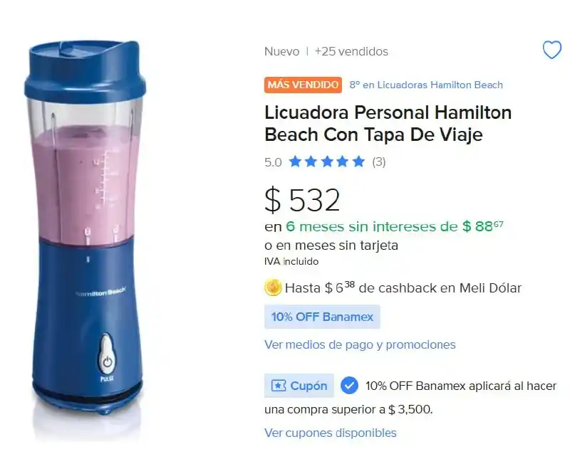 Image from 💰Ofertas Online Mx 🇲🇽: Licuadora Personal Hamilton Beach Con Tapa De Viaje Sale en $532 🔥🔥...
