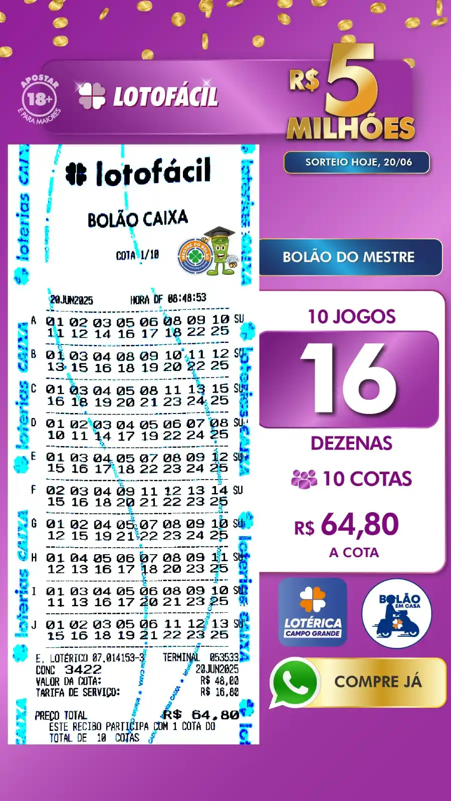 Image from Lotérica Campo Grande | Mestre do Bolão 🍀: 💵 *LOTOFÁCIL ACUMULADA R$ 5 MILHÕES*💰  🎲 Bolão com 10 jogos de 16 d...