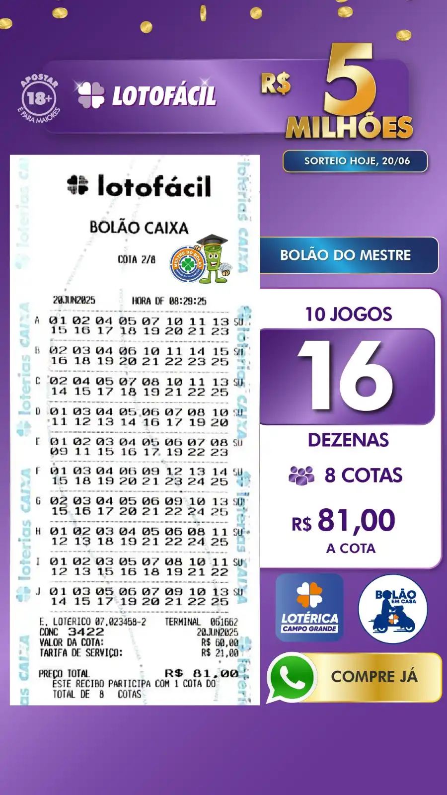 Image from Lotérica Campo Grande | Mestre do Bolão 🍀: 💵 *LOTOFÁCIL ACUMULADA R$ 5 MILHÕES*💰  🎲 Bolão com 10 jogos de 16 d...