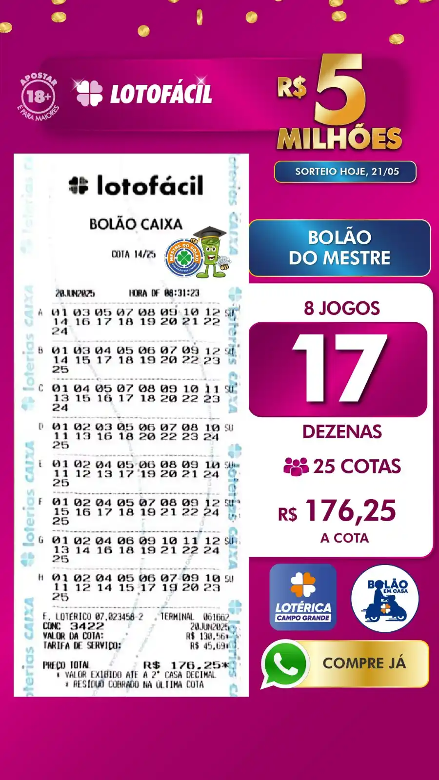 Image from Lotérica Campo Grande | Mestre do Bolão 🍀: 💵 *LOTOFÁCIL ACUMULADA R$ 5 MILHÕES*💰  🎲 SUPER Bolão com 8 jogos de...
