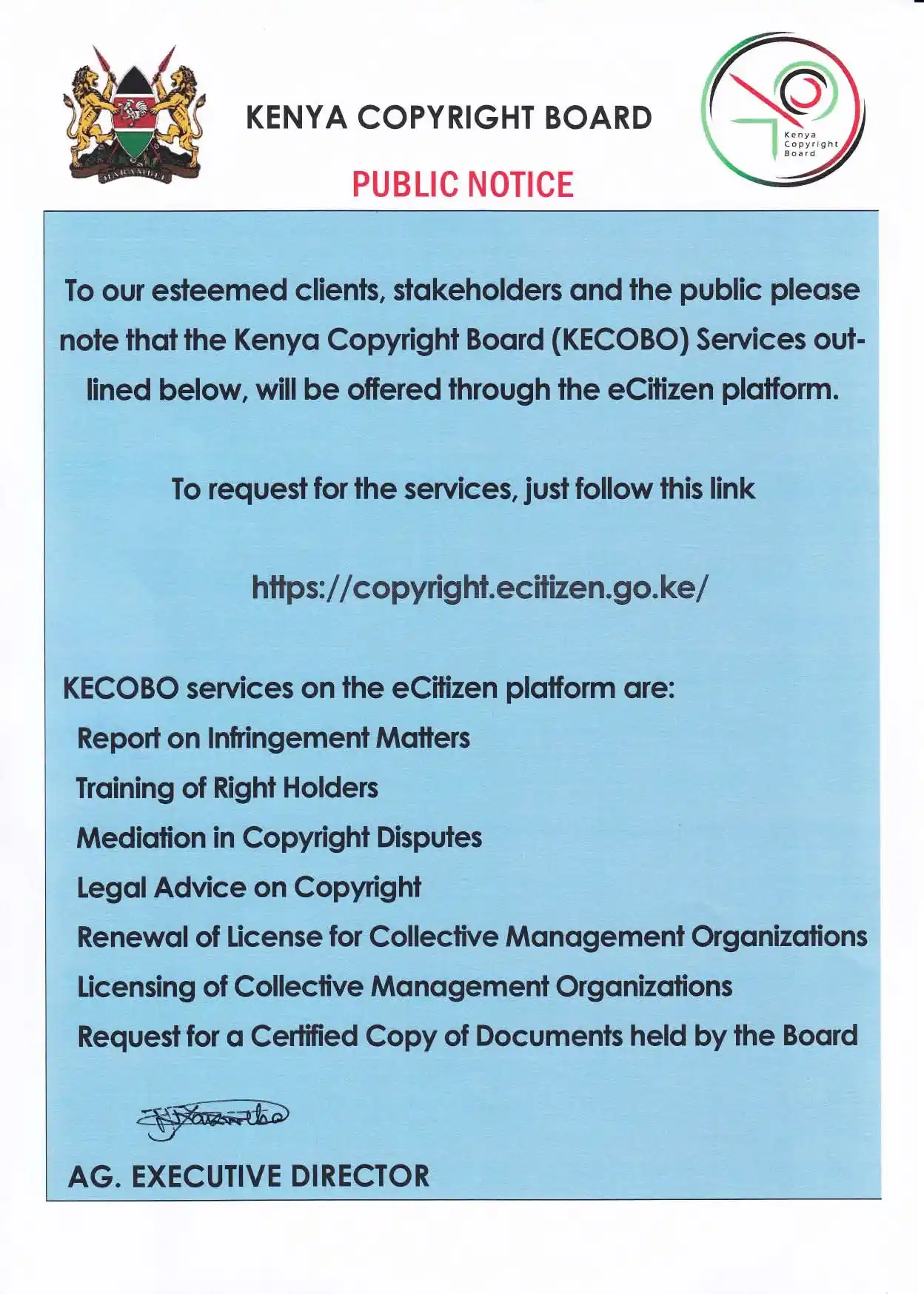 Image from The Voice We Need ❤️ ♨️🎯🤝: The Kenya Copyright Board has rolled out several services on the eCiti...