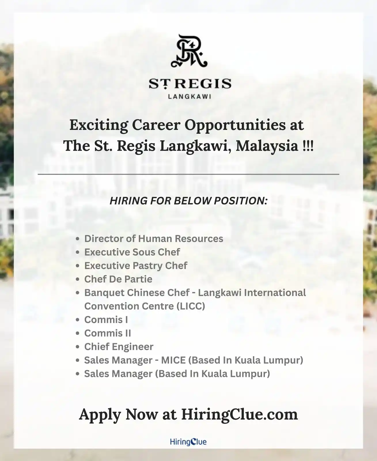 Image from HiringClue - Hospitality Jobs: The St. Regis Langkawi, Malaysia Is Hiring !!!    • Director of Human ...
