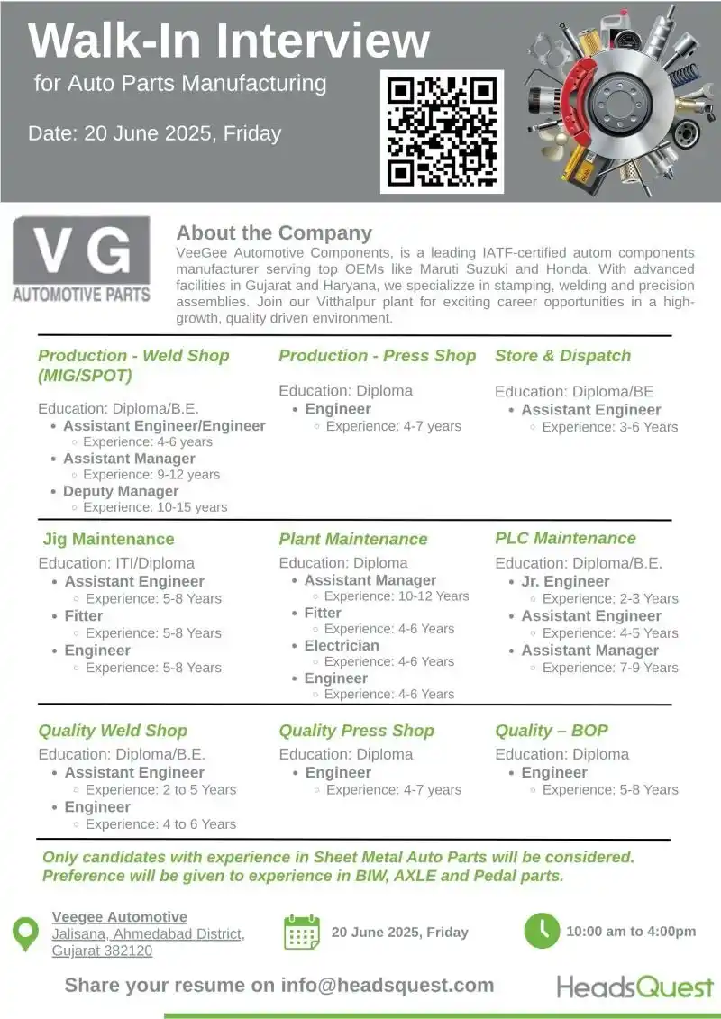 Image from Walk-In Interview Jobs & Careers: 🚀 Walk-In Interview Alert: Join a Leading Auto Parts Manufacturer! H...