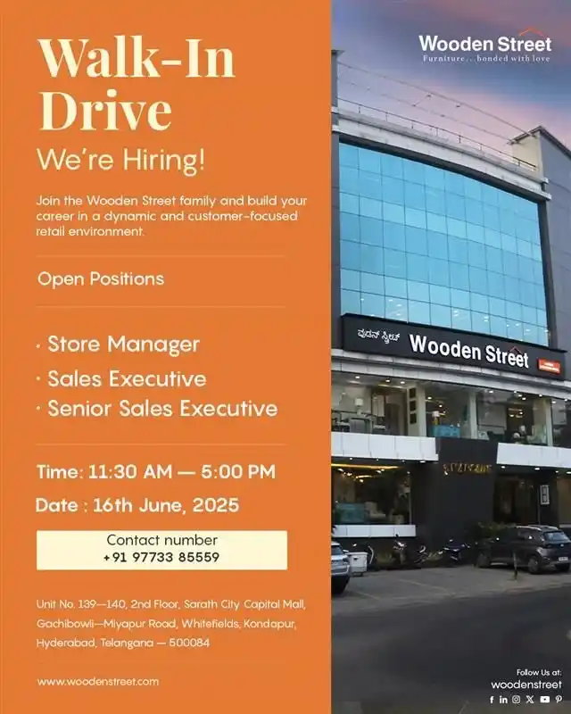 Image from Walk-In Interview Jobs & Careers: Wooden Street is hosting a Walk-In Drive in Hyderabad, and we’re looki...