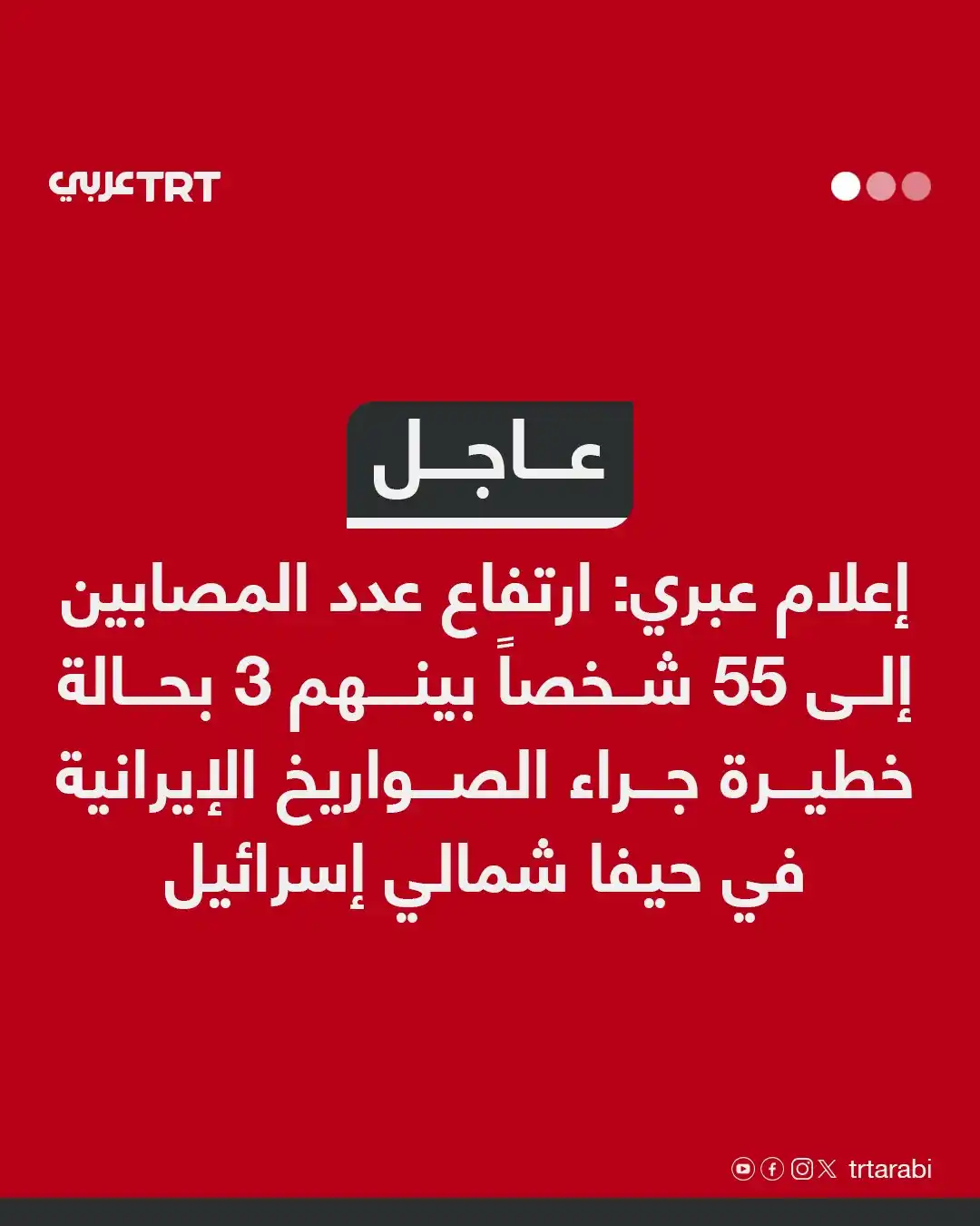 Image from TRT عربي: عاجل | إعلام عبري: ارتفاع عدد المصابين إلى 55 شخصاً بينهم 3 بحالة خطير...