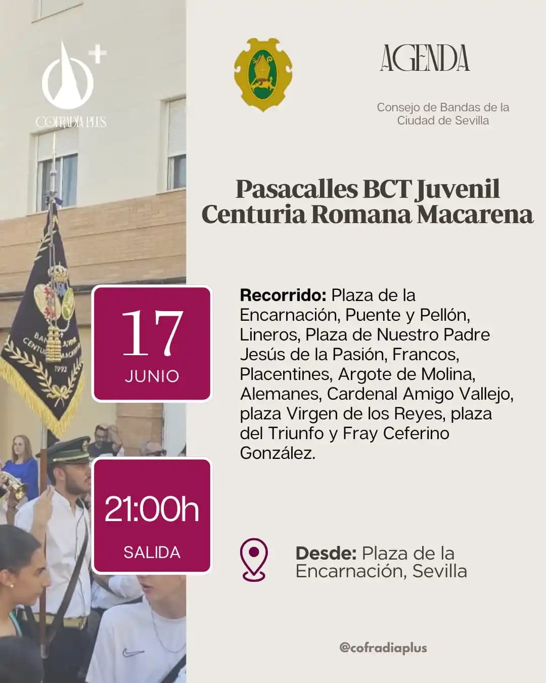 Image from COFRADÍA +: *🟣 AgendaPlus* | Pasacalles de la BCT Juvenil Centuria Romana Macaren...
