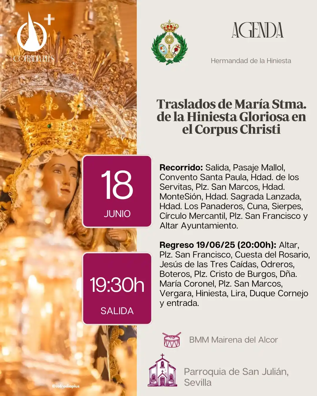 Image from COFRADÍA +: *🟣 AgendaPlus* | Procesión de traslado de María Stma. de la Hiniesta ...