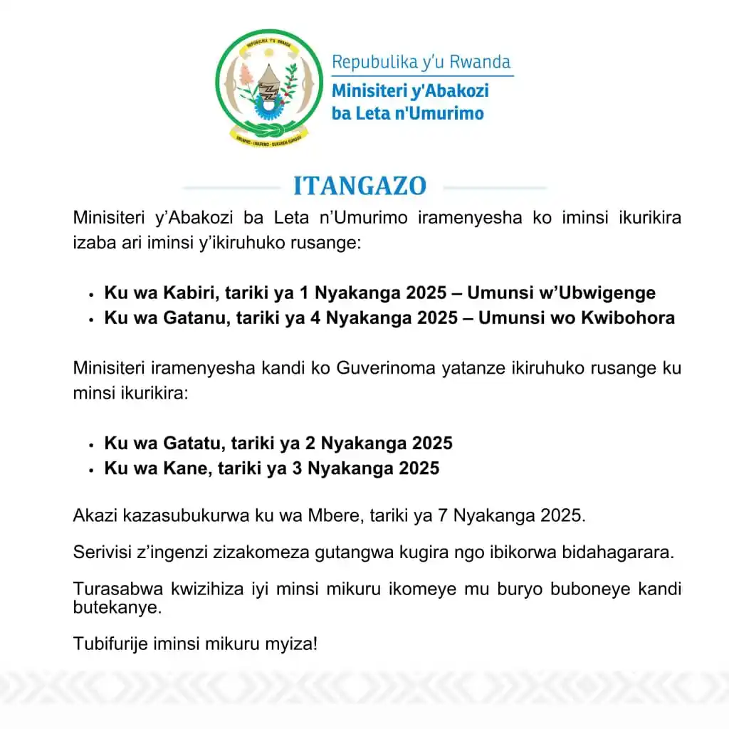 Image from Tedros Info: 🚨𝐀𝐌𝐀𝐊𝐔𝐑𝐔 𝐌𝐀𝐒𝐇𝐘𝐀🚨 Minisiteri y’Abakozi ba Leta n’Umurim...
