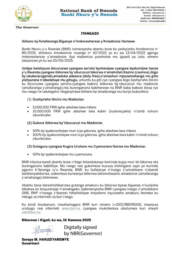 Image from Tedros Info: Banki Nkuru y'Igihugu yatangaje ibihano bishya ku bantu n'ibigo bishyi...