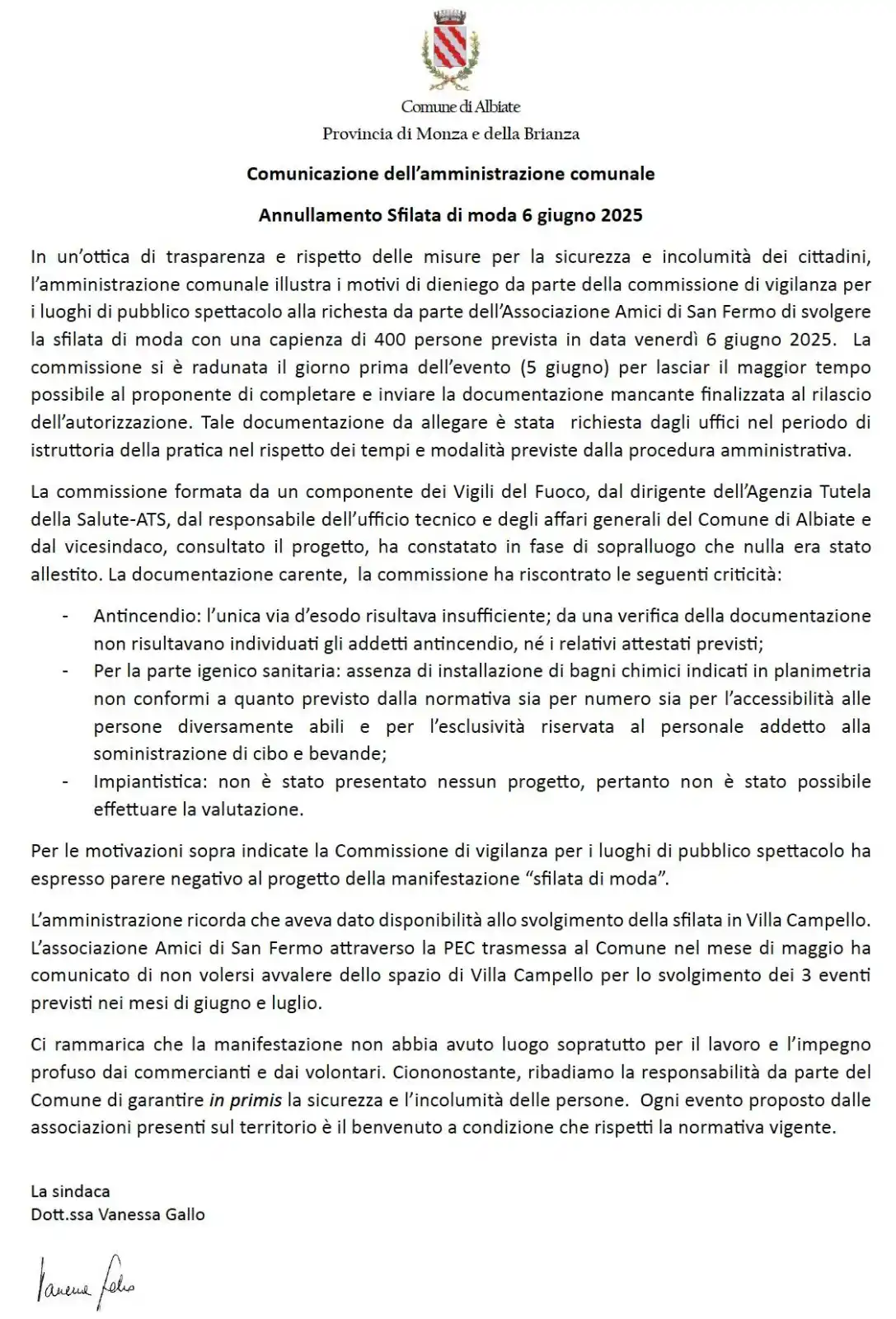 Image from Comune di Albiate: 📢 *Comunicazione dell’Amministrazione Comunale* Annullamento Sfilata ...