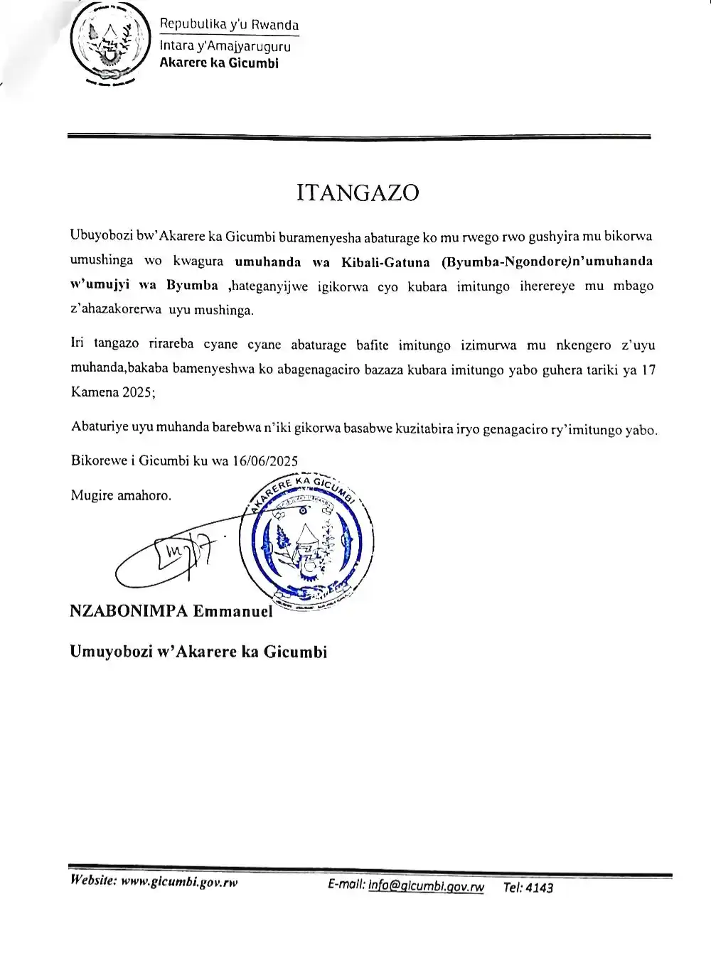 Image from Tedros Info: ⛔ITANGAZO RYO KUMENYESHA ⛔ Akarere ka Gicumbi...