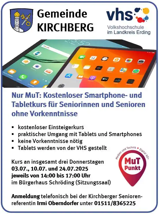 Image from Gemeinde KIRCHBERG: Nur MuT: *Kostenloser Smartphone- und Tabletkurs* für Seniorinnen und ...