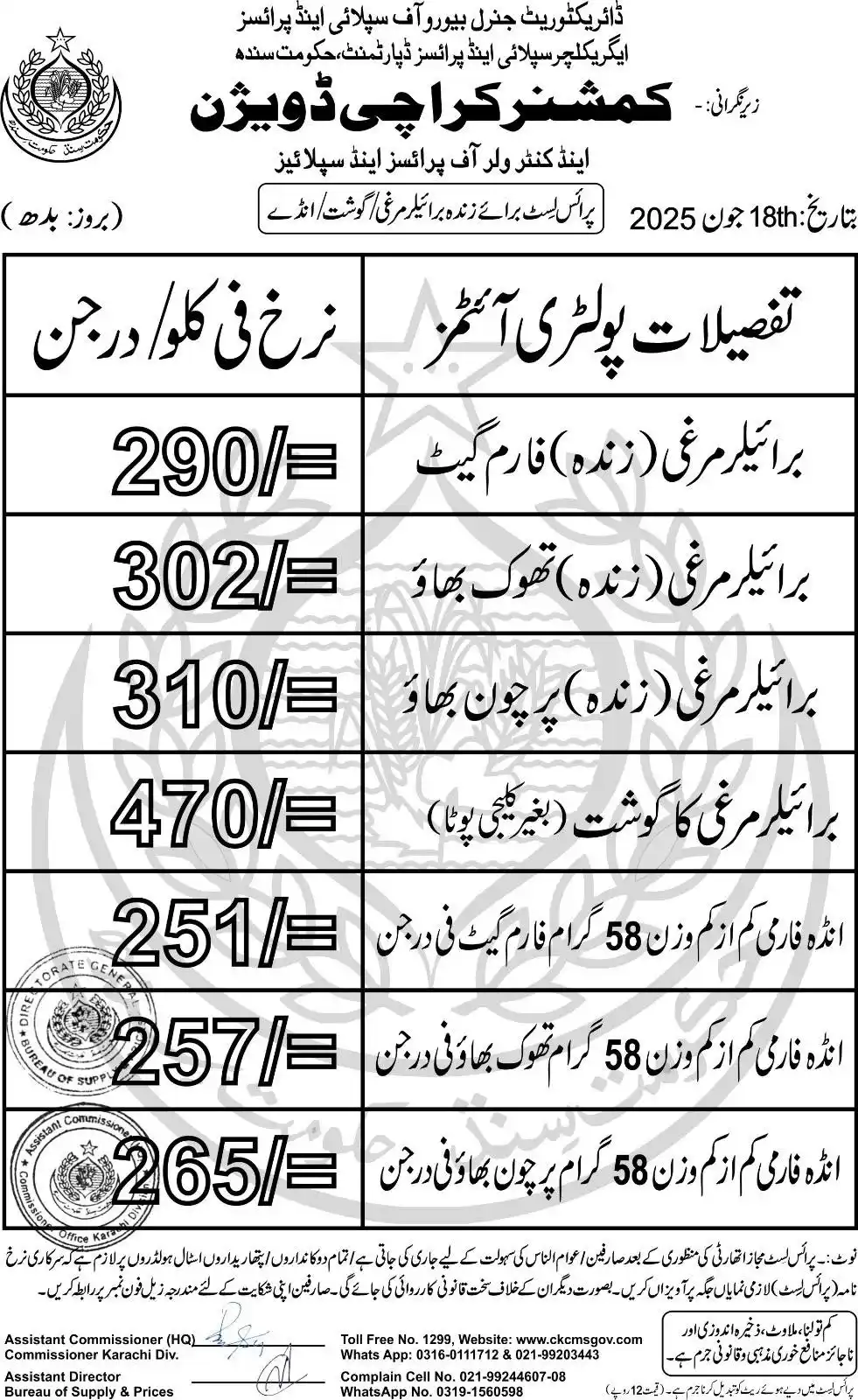 Image from Commissioner Karachi: Price List of Chicken & Eggs dated:and 18.06.2025. Complaints may be r...