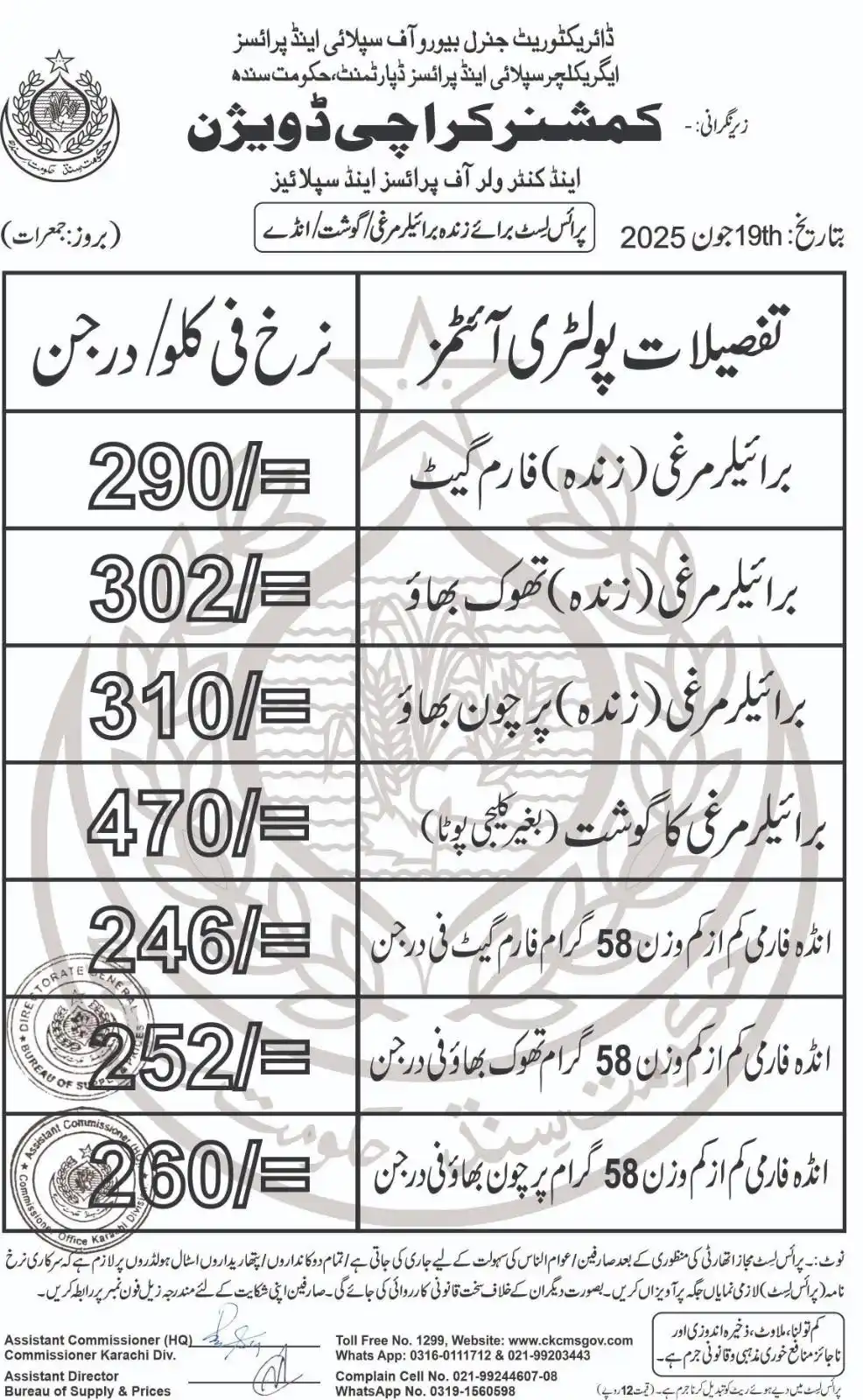 Image from Commissioner Karachi: Price List of Chicken & Eggs dated:and 19.06.2025. Complaints may be r...