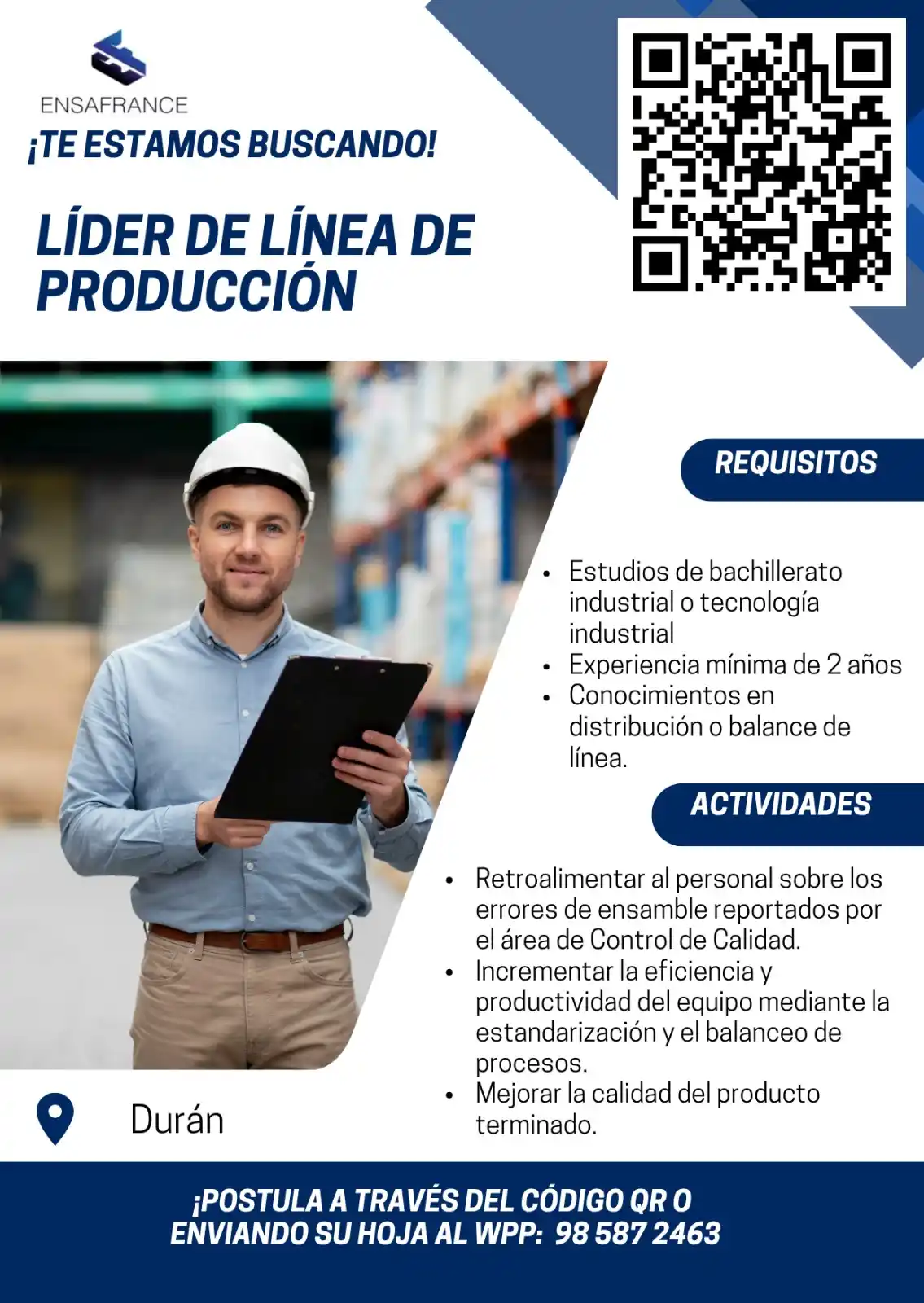 Image from Empleos Indurama EC: 🔷🔵 Se parte del equipo de ENSAFRANCE, tenemos una oportunidad labora...