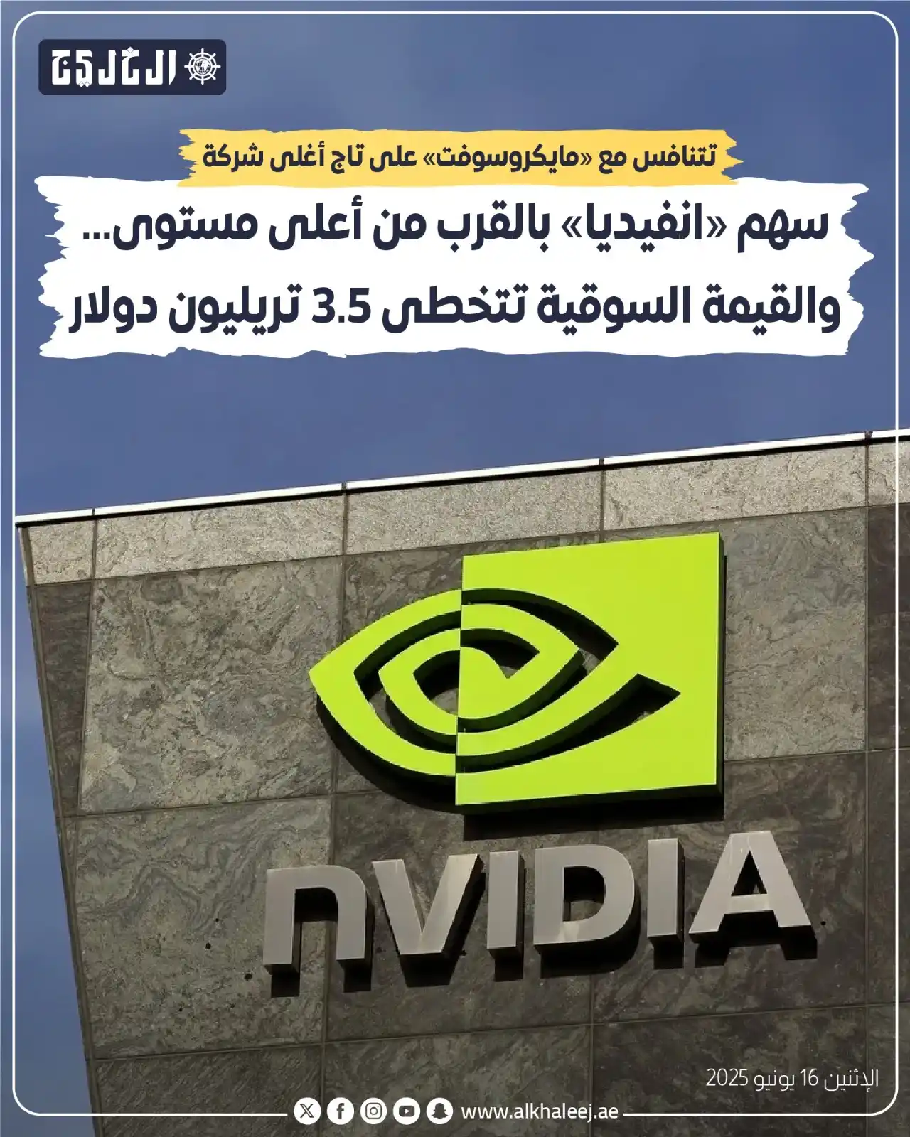 Image from صحيفة الخليج: *سهم «إنفيديا» بالقرب من أعلى مستوى.. والقيمة السوقية تتخطى 3.5 تريليو...