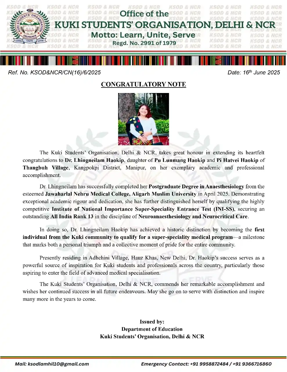 Image from KSOD&NCR COMMUNIQUE: *CONGRATULATORY NOTE* 16-06-2025 The Kuki Students’ Organisation, De...