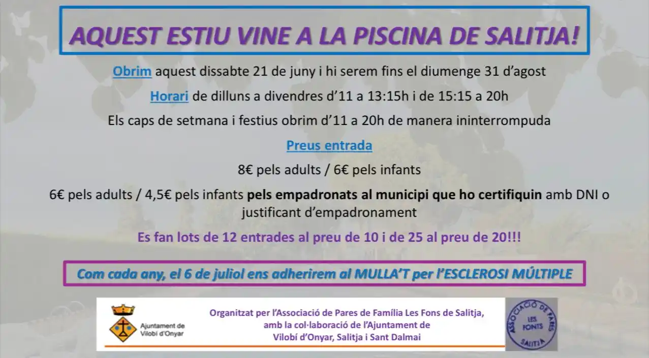 Image from Ajuntament de Vilobà d'Onyar: 🏊‍♂️ Obertura de la piscina municipal de Salitja – Estiu 2025 Us inf...
