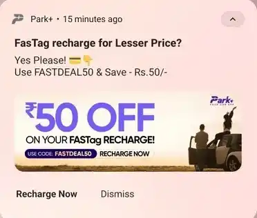 Image from Indiafreestuff: ⚡️25% Off - FasTag Recharge Offer – Get ₹50 Cashback on ₹200+ via Park...