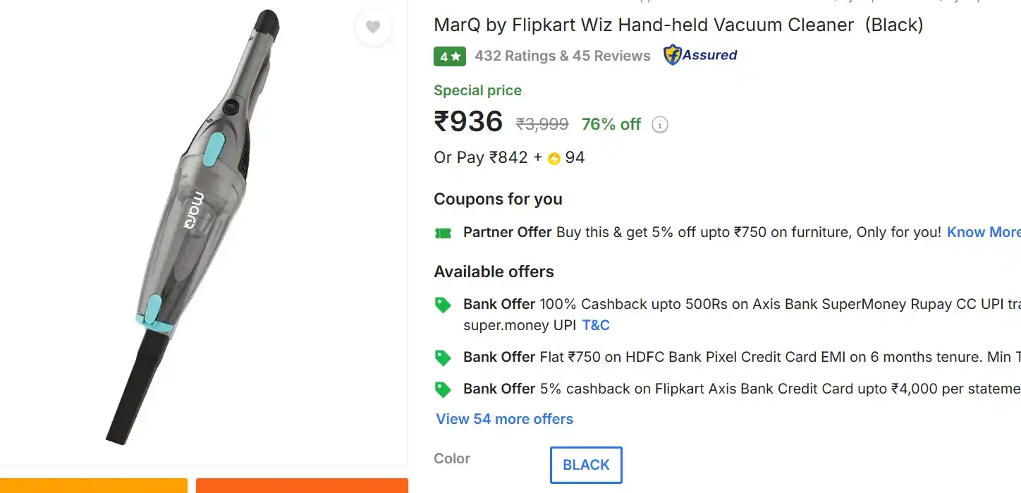 Image from Indiafreestuff: ⚡️77% Off - MarQ by Flipkart Wiz Hand-held Vacuum Cleaner Black Rs. 93...