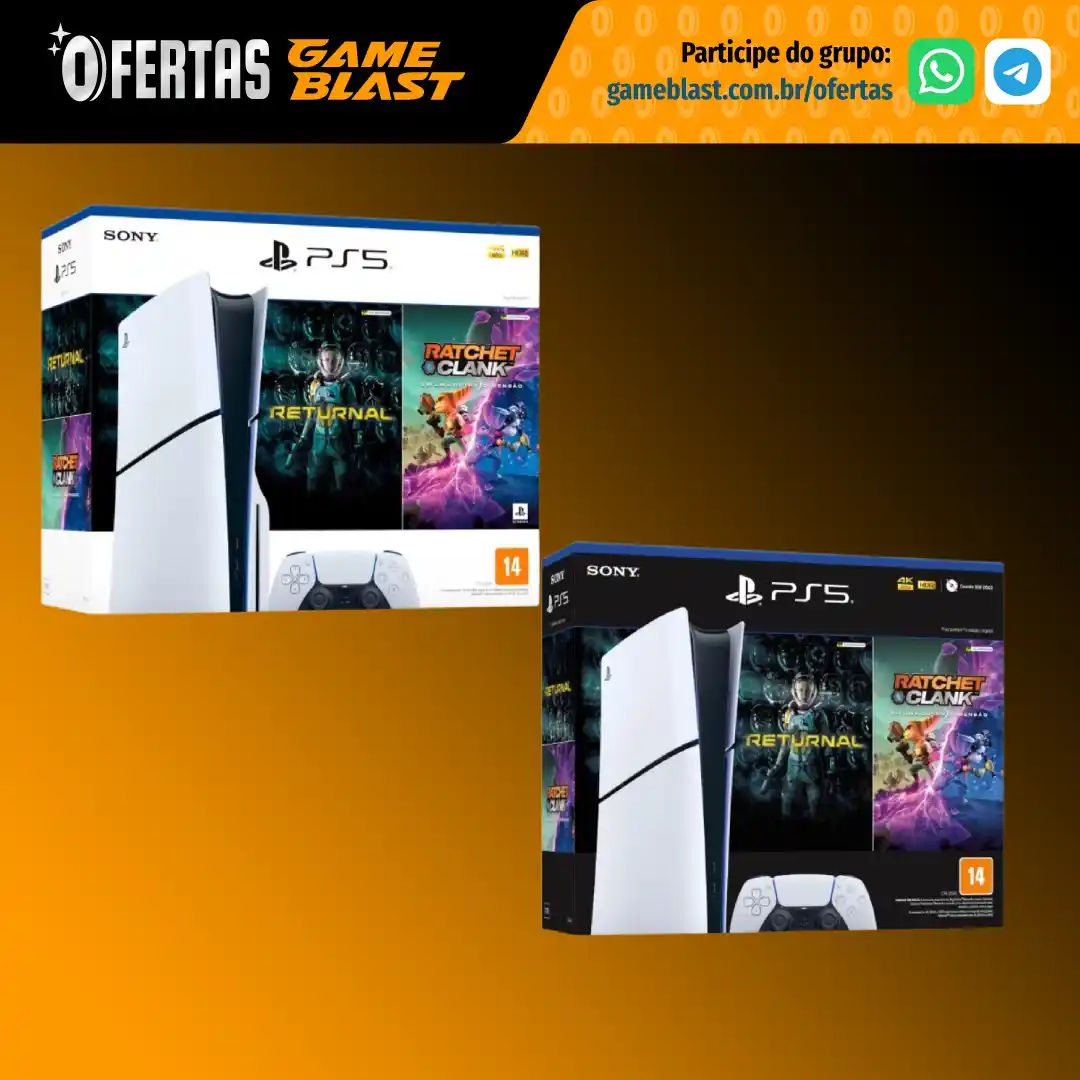 Image from Ofertas GameBlast: 👾 *Bundle PlayStation 5 Slim* (via Kabum!) * 1TB, 2 jogos (Ratchet & ...