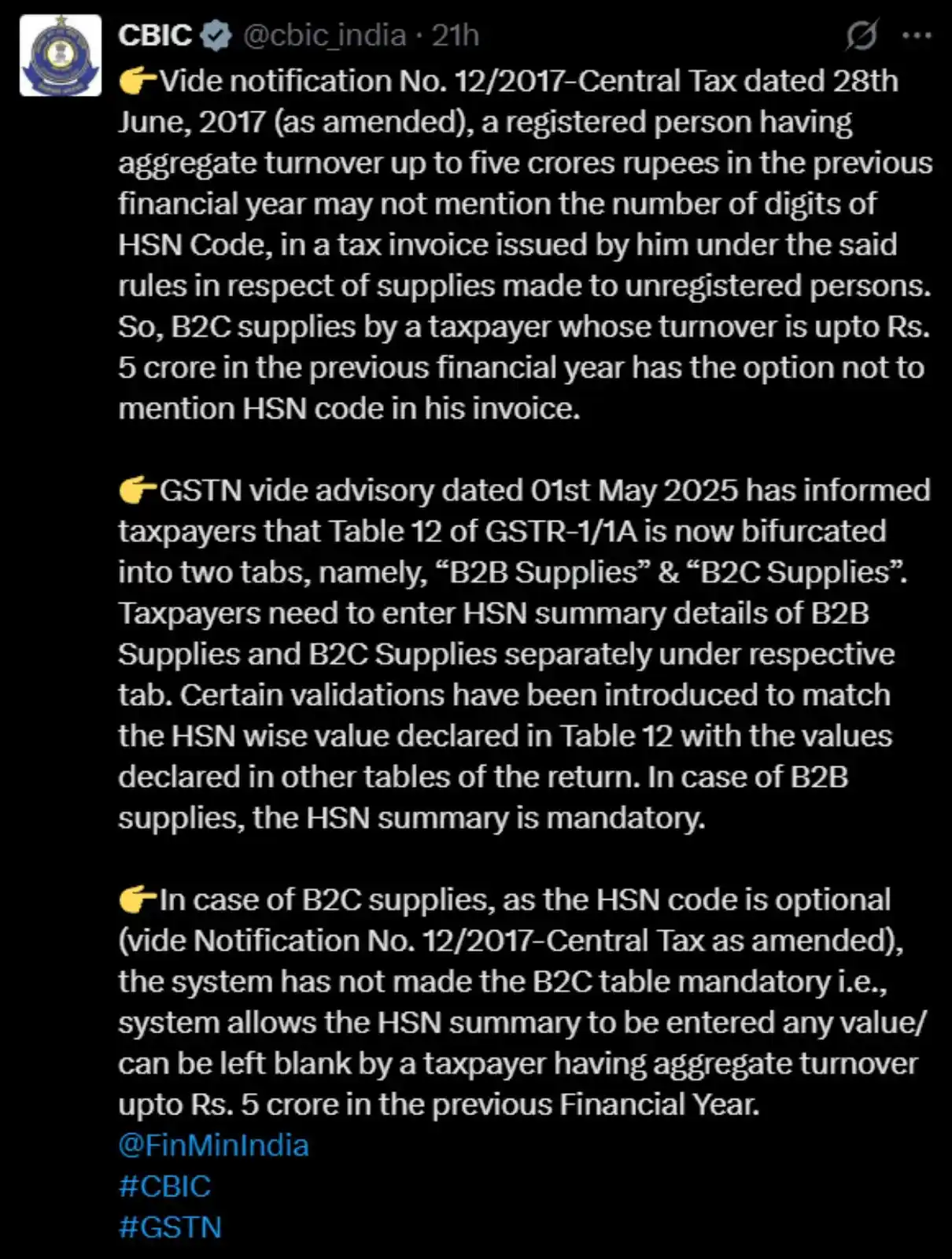 Image from Legalpreneurs: CBIC Clarifies HSN Code Rule: Mandatory for B2B, Optional for B2C Belo...