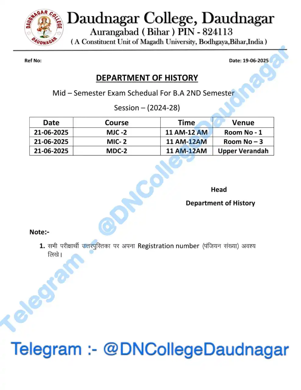 Image from Daudnagar College Daudnagar: *Department of History* *Semester II Session 2024-28* *Mid - Semester ...