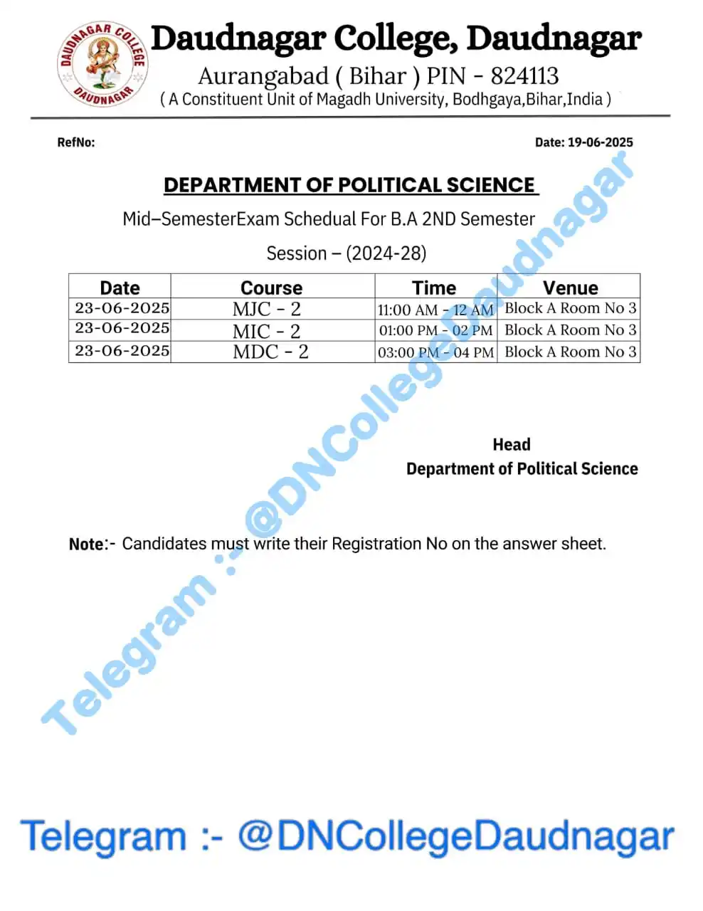 Image from Daudnagar College Daudnagar: *Department of Political Science* *Semester II Session 2024-28* *Mid -...
