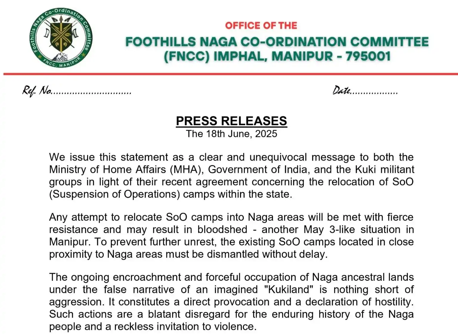 Image from Times of Senapati: *FNCC Warns Against SoO Camp Relocation into Naga Areas, Cautions of P...