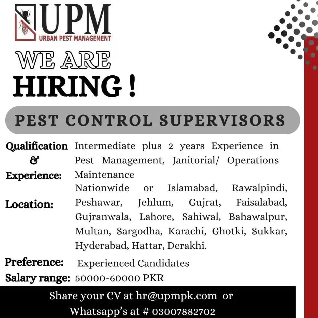 Image from Employmentor - Awais: 🚨 Join Our Team at UPM – We're Hiring Pest Control Supervisors! Locat...