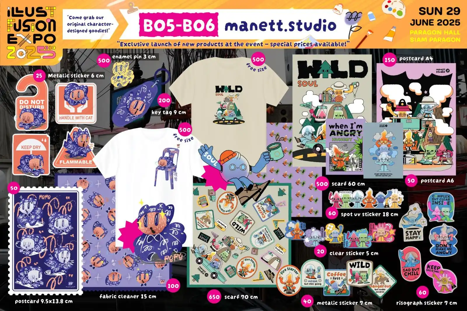 Image from Katalog ILLUSTFUSION THAILAND: Manett.studio (B5-6) Metalic sticker: 17.000 Enamel pin: 295.000 Postc...
