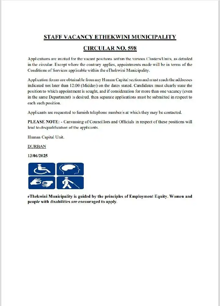 Image from Kubamb'Ezingelayo: STAFF VACANCY ETHEKWINI MUNICIPALITY CIRCULAR NO. 598  Link: https://1...