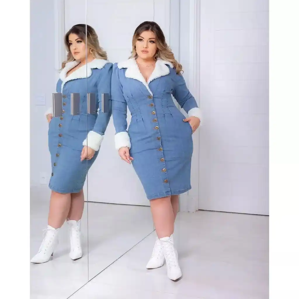 Image from Magazine Rafael Saturno Ofertas ,Descontos e Promoções (OFICIAL): *Vestido Maxi Midi Jeans Tubinho Teddy com Pelinhos com Botões e Bolso...
