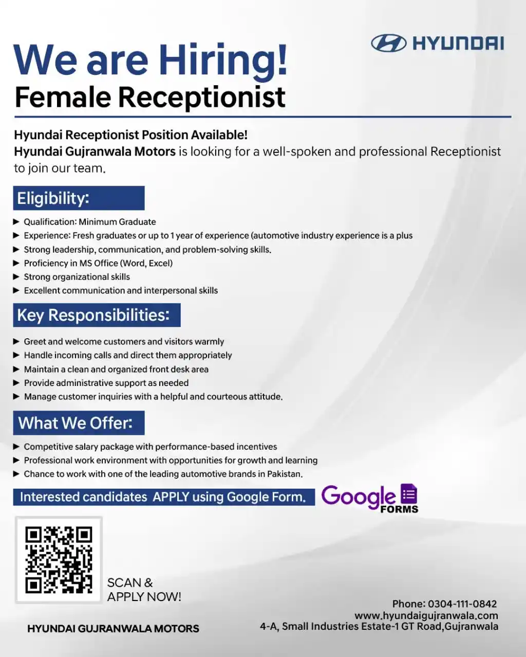 Image from Employmentor - Awais: 📢 We're Hiring! Hyundai Gujranwala Motors is looking for a Female Re...