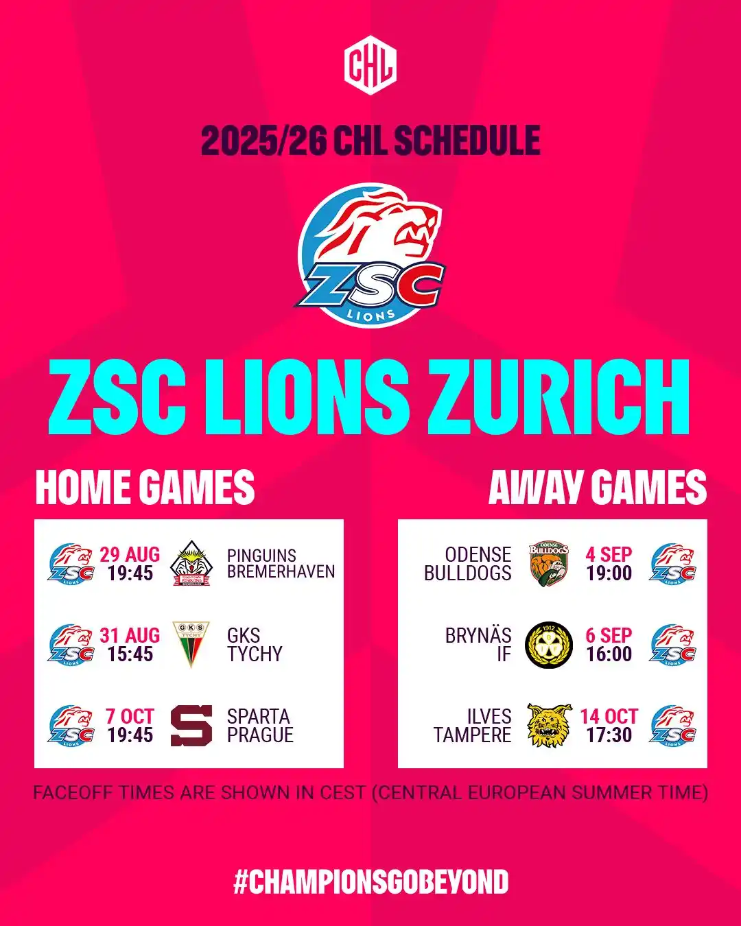 Image from ZSC Lions: CHL-Spielplan❗️ Heimspiele am Freitag, 29. August, Sonntagnachmittag,...