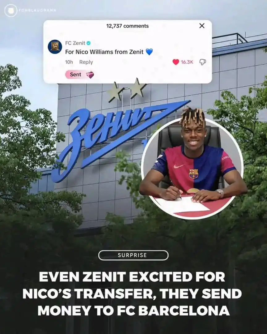 Image from FABRIZIO ROMANO CANAL OFICIAL: FC Zenit has sent money for Nico Williams’ transfer to FC Barcelona on...