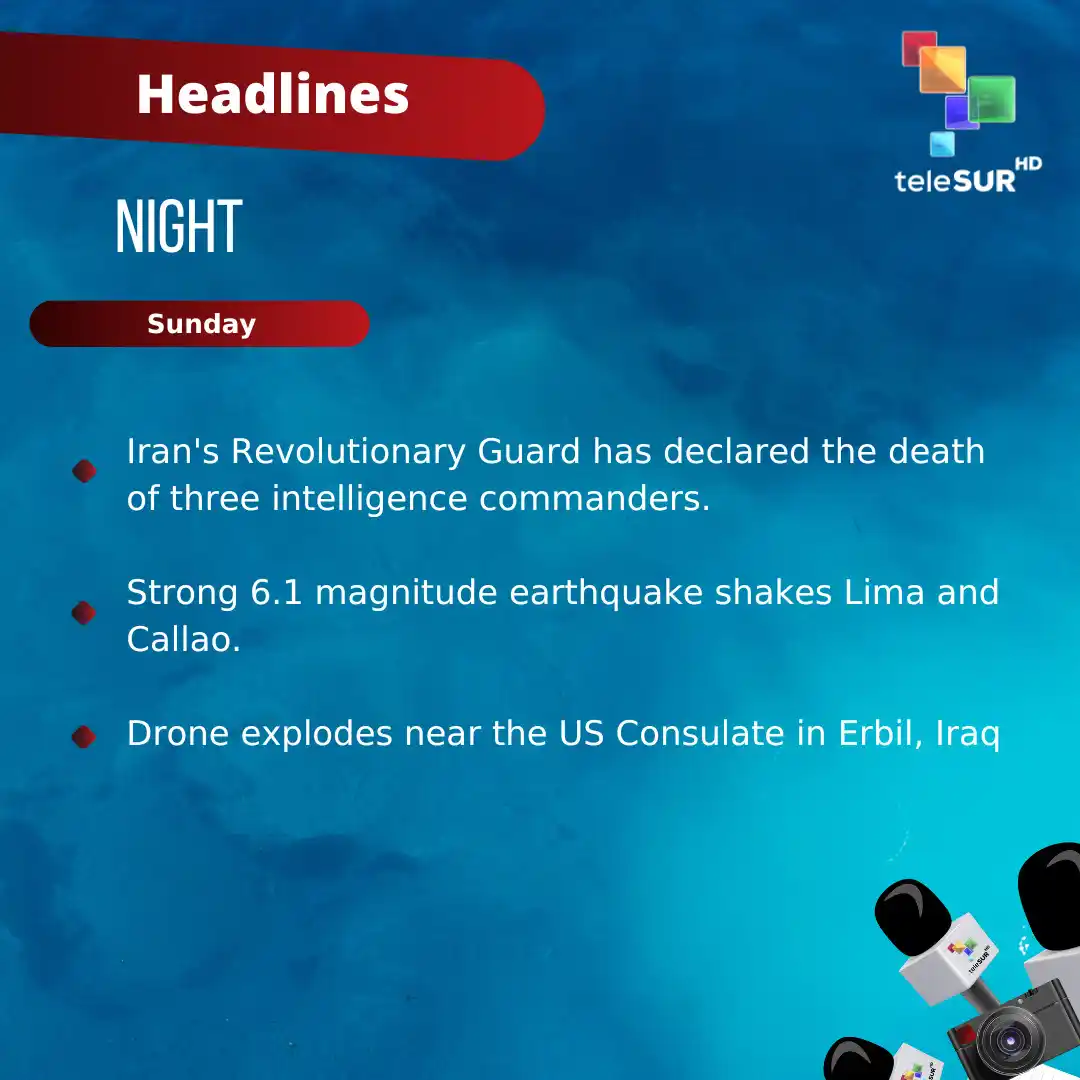 Image from teleSUR English: Good evening 🌓  We share this hour's headlines.  ➡️ Iran's Revolution...